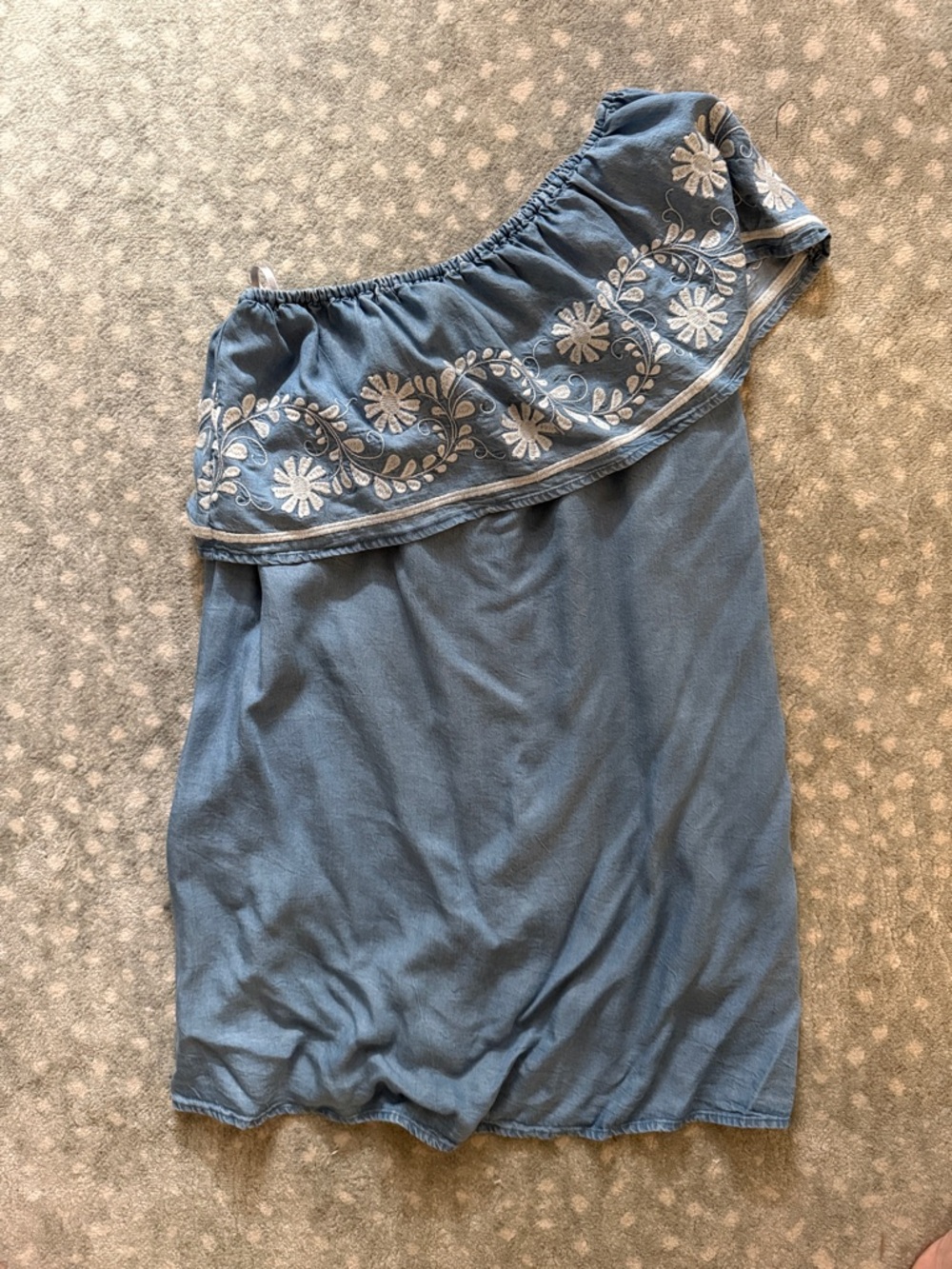 Rebecca Minkoff One-Shoulder Blue Dress with White Embroidered Ruffle